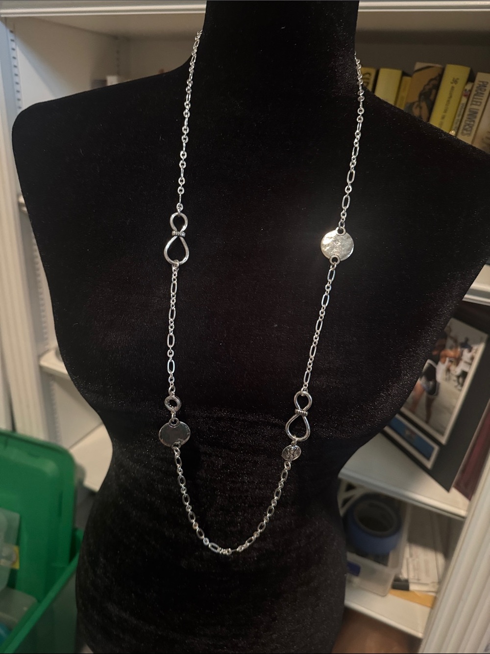 Chico's Long Silver Link Necklace with Hammered Discs